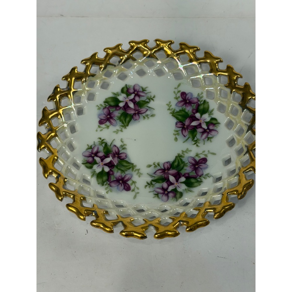 Vintage Napco China Hand Painted Reticulated Plate Purple Violets Gold SD181